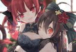  2girls :3 :d ahoge alternate_costume alternate_hairstyle animal_ear_fluff animal_ears arm_around_shoulder black_dress black_ribbon blurry blurry_background blush bow braid breasts brown_hair cat_ears cat_tail china_dress chinese_clothes commentary_request dress elbow_gloves floral_print gloves grey_bow hair_bow hair_ribbon hair_rings head_tilt hug kaenbyou_rin lens_flare light_particles long_hair looking_at_viewer medium_breasts multiple_girls multiple_tails nekomata one_eye_closed open_mouth pointy_ears portrait red_eyes red_hair reiuji_utsuho ribbon signature sleeveless sleeveless_dress smile striped striped_bow tail touhou toutenkou twin_braids two_tails upper_body window 