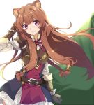  1girl animal_ears bangs belt blunt_bangs blush breasts brown_hair cape dress eyebrows_visible_through_hair gloves long_hair long_sleeves medium_breasts purple_eyes raccoon_ears raccoon_tail raphtalia ribbon skirt smile solo tail tate_no_yuusha_no_nariagari tsuedzu 