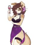  alcohol anthro beverage big_breasts blush breasts brown_hair canid canine canis chest_tuft cleavage_cutout clothed clothing digital_media_(artwork) dimmi_(character) dimwitdog domestic_dog dress ear_tuft eyewear female flower fur glasses green_eyes hair hi_res legwear looking_at_viewer mammal plant simple_background smile solo standing thick_thighs thigh_strap tuft wide_hips wine 