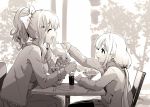  2girls ahoge eating feeding food futaba_anzu greatpengh hair_ornament hairclip hood hoodie ice_cream idolmaster idolmaster_cinderella_girls low_twintails monochrome moroboshi_kirari multiple_girls open_mouth ponytail spoon star star_hair_ornament table twintails 