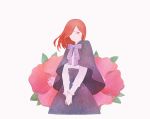  1other alternate_costume androgynous capelet eyes_visible_through_hair flower hair_over_one_eye highres houseki_no_kuni long_bangs long_hair looking_at_viewer mydeerwitch neck_ribbon red_eyes red_hair ribbon shinsha_(houseki_no_kuni) skirt solo 