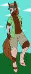  2016 anthro biped blue_eyes blue_sky brown_fur brown_hair brown_tail chev_(helios) clothed clothing cloud day digital_media_(artwork) equid equine front_view full-length_portrait fully_clothed fur grass green_clothing green_shirt green_topwear hair hat hi_res hooves horse hypnotickitten long_tail looking_at_viewer male mammal multicolored_fur open_shirt outside portrait shirt shorts signature sky smile solo standing two_tone_fur white_fur 