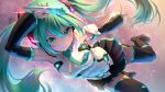  1girl arm_up detached_sleeves green_eyes green_hair hair_between_eyes hatsune_miku headset highres long_hair microphone necktie pinakes pleated_skirt skirt smile solo thighhighs twintails very_long_hair vocaloid 