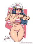  1girl belly bikini blue_eyes blue_hair blush breasts cleavage creatures_(company) eyebrows game_freak gerph hat heart heart-shaped_pupils highres hikari_(pokemon) large_breasts long_hair matching_hair/eyes nintendo open_mouth pokemon solo stomach swimsuit symbol-shaped_pupils tongue tongue_out very_long_hair 