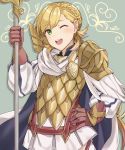  1girl armor blonde_hair braid brown_gloves cape crown_braid fire_emblem fire_emblem_heroes gloves green_eyes haru_(nakajou-28) holding holding_weapon long_hair long_sleeves nintendo one_eye_closed open_mouth polearm sharena skirt solo weapon white_skirt 