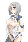  1girl blue_eyes blush breasts cleavage closed_mouth collarbone eyes_visible_through_hair gloves grey_panties grey_skirt hair_ornament hair_over_one_eye hairclip hamakaze_(kantai_collection) highres kantai_collection large_breasts looking_at_viewer name_tag navel neckerchief open_clothes open_shirt panties pleated_skirt school_uniform serafuku shirt shirt_lift short_hair short_sleeves silver_hair simple_background skirt solo thighs underwear wavy_mouth white_background white_bikini_top white_gloves white_shirt yellow_neckwear zekkyon 