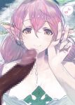  1boy 1girl bare_shoulders blush breasts censored cleavage collarbone cum cumdrip erection eyebrows_visible_through_hair granblue_fantasy hair_between_eyes kaqo leaf long_hair looking_at_viewer medium_breasts mosaic_censoring musical_note orange_eyes outdoors penis pink_hair plant_girl pointy_ears smile solo_focus spoken_musical_note twintails upper_body v yggdrasil_(granblue_fantasy) 