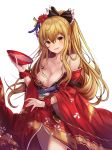  1girl alcohol bare_shoulders blonde_hair bow breasts brown_eyes cleavage collarbone commentary cup english_commentary flower granblue_fantasy hair_bow hair_flower hair_ornament highres japanese_clothes kimono large_breasts long_hair looking_at_viewer off-shoulder_kimono ponytail runa_(user_guwn7382) sakazuki sake solo vira_lilie white_background yukata 