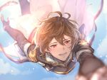 1boy armor brown_hair djeeta_(granblue_fantasy) fingerless_gloves gloves granblue_fantasy hand_holding hood male_focus mire_eeeei open_mouth out_of_frame outstretched_hand red_eyes sandalphon_(granblue_fantasy) short_hair smile 