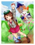  1girl :d backpack bag bangs brown_eyes brown_hair bush cloud cloudy_sky commentary_request creatures_(company) d: eyes_closed fangs female_protagonist_(pokemon_swsh) full_body game_freak gen_8_pokemon green_hat grookey gym hand_up hat highres holding holding_poke_ball long_sleeves nintendo open_eyes open_mouth outdoors poke_ball poke_ball_(generic) pokemon pokemon_(creature) pokemon_(game) pokemon_swsh scorbunny shirt short_hair sky smile sobble tam_o&#039;_shanter upper_teeth user_rkfm8822 victory_pose 