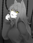  1girl absurdres animal_ears black_background black_hair blake_belladonna breasts cat_ears chains commentary english_commentary eyebrows_visible_through_hair eyes_visible_through_hair glowing glowing_eye greyscale highres large_breasts long_hair monochrome nas_(z666ful) open_mouth rwby sweater yellow_eyes 