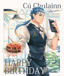  1boy apron blue_hair bracelet cake chair character_name closed_mouth cowboy_shot earrings fate/stay_night fate_(series) food fruit gae_bolg hair_strand happy_birthday indoors jewelry lamp lancer leaf lemon long_hair looking_at_viewer male_focus ponytail red_eyes shirt signature smile solo standing strawberry table vest vuls406 waiter white_shirt 