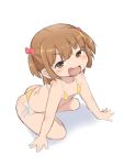  1girl bikini bow brown_eyes brown_hair bubukka child collarbone eyebrows_visible_through_hair female from_above from_below full_body hair_bow looking_at_viewer looking_up marui_mitsuba mitsudomoe open_mouth side-tie_bikini simple_background solo swimsuit upper_teeth white_background 