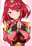  1girl absurdres armor bangs breasts commentary_request eyebrows_visible_through_hair gem hair_ornament headpiece highres homura_(xenoblade_2) jewelry large_breasts looking_at_viewer nintendo pink_background red_eyes red_hair short_hair simple_background smile solo swept_bangs theakingu tiara xenoblade_(series) xenoblade_2 