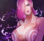  1girl blue_eyes breasts cleavage hair_over_one_eye large_breasts lipstick makeup one_piece open_mouth pink_hair solo vinsmoke_reiju 