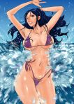  1girl ass bare_arms bare_shoulders bikini black_hair blue_eyes breasts curvy kakutou_oukoku large_breasts navel nico_robin ohcock one_eye_closed one_piece outdoors ponytail sea sky splashing stomach swimsuit thick_thighs thighs water wide_hips 