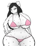  2019 anthro big_breasts bikini black_nose breasts bridget_malcolm_(lildredre) canid canine canis cleavage clothed clothing dalmatian digital_media_(artwork) domestic_dog female fur grey_eyes hair hayakain hi_res huge_breasts long_hair looking_at_viewer mammal navel simple_background smile solo spots spotted_fur swimwear thick_thighs voluptuous white_background white_fur wide_hips 