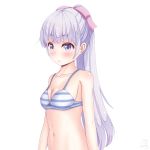  1girl absurdres bangs blush bow bra breasts cleavage collarbone eyebrows_visible_through_hair hair_bow highres long_hair medium_breasts navel new_game! open_mouth pink_bow ponytail purple_eyes sainohikari shiny shiny_hair shiny_skin sideboob silver_hair simple_background solo standing striped striped_bra suzukaze_aoba underwear underwear_only upper_body very_long_hair white_background 