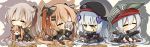  404_(girls_frontline) 4girls 7:08 absurdres assault_rifle baseball_cap beret character_doll chibi doll doll_hug eyes_closed g11_(girls_frontline) girls_frontline gun h&amp;k_g11 hat highres hk416_(girls_frontline) huge_filesize multiple_girls needle pouch rifle scar scar_across_eye siblings side_ponytail sisters twins twintails ump45_(girls_frontline) ump9_(girls_frontline) weapon yarn yarn_ball 