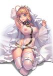  1girl belt bodysuit breasts bridal_veil center_opening chains fate/grand_order fate_(series) full-length_zipper green_eyes head_wreath highres large_breasts leotard lock looking_at_viewer loose_belt nero_claudius_(bride)_(fate) nero_claudius_(fate) nero_claudius_(fate)_(all) nipples padlock rhasta see-through showgirl_skirt solo veil wet wet_clothes white_bodysuit white_leotard white_sleeves zipper zipper_pull_tab 