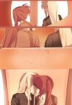  blonde_hair blush brown_hair couple embarrassed fate_testarossa highres kiss long_hair looking_at_another lyrical_nanoha mahou_shoujo_lyrical_nanoha mahou_shoujo_lyrical_nanoha_strikers mahou_shoujo_lyrical_nanoha_vivid military multiple_girls ossan_jololol side_ponytail simple_background takamachi_nanoha uniform very_long_hair window yuri 