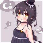  1girl :o alternate_costume bangs bare_shoulders black_choker black_dress black_hair black_headwear blush bow breasts brown_background brown_eyes choker cloud commentary_request crescent crescent_moon_pin dress eyebrows_visible_through_hair grey_background hair_between_eyes hat hat_bow kantai_collection long_hair looking_at_viewer mikazuki_(kantai_collection) mini_hat mini_top_hat parted_lips rose_neru sleeveless sleeveless_dress small_breasts solo star tilted_headwear top_hat two-tone_background upper_body white_bow 