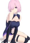  1girl absurdres bare_shoulders black_gloves breasts cleavage elbow_gloves fate/grand_order fate_(series) gloves hair_over_one_eye highres kumamoto_nomii-kun large_breasts lavender_hair leotard looking_at_viewer mash_kyrielight medium_breasts multicolored multicolored_clothes navel parted_lips purple_eyes short_hair simple_background sitting solo teeth thigh_strap white_background yokozuwari 