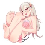  1girl ass barefoot blush breasts feet female_my_unit_(fire_emblem_if) fire_emblem full_body hairband legs long_hair looking_at_viewer maidforge medium_breasts my_unit_(fire_emblem_if) nail_polish nintendo open_mouth pointy_ears red_eyes shell shell_bikini sideboob silver_hair simple_background smile soles solo swimsuit toenail_polish toes white_background 