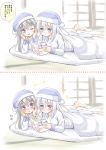  2girls :o akatsuki_(kantai_collection) alternate_costume barefoot black_hair blush book comic expressionless fujishima_shinnosuke futon grey_eyes hands_on_own_cheeks hands_on_own_face hat hibiki_(kantai_collection) highres kantai_collection long_hair lying multiple_girls nightcap nightgown on_stomach open_mouth pajamas purple_eyes reading sigh silver_hair sparkle speech_bubble translation_request under_covers 