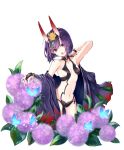  1girl :o arm_up armpits bangs breasts bridal_gauntlets bug butterfly cleavage collarbone cowboy_shot cropped_legs eyebrows_visible_through_hair fangs fate/grand_order fate_(series) flower gradient_hair hair_between_eyes hair_ornament highres horns insect looking_at_viewer multicolored_hair navel open_mouth purple_eyes purple_flower purple_hair revealing_clothes short_hair shuten_douji_(fate/grand_order) sideboob simple_background small_breasts solo sonabi_(misty_alice) standing white_background 