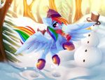  2019 absurd_res beanie blue_feathers blue_fur blue_wings blush clothing detailed_background digital_media_(artwork) equid equine eyebrows feathered_wings feathers female feral friendship_is_magic fur hair hat headgear headwear hi_res legwear long_hair looking_at_viewer mammal multicolored_hair multicolored_tail my_little_pony omiart one_eye_closed outside pterippus purple_eyes quadruped rainbow_dash_(mlp) rainbow_hair rainbow_tail scarf signature smile snow snowball snowing snowman socks solo top_hat tree wings wink winter 