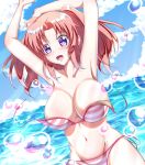  1girl armpits arms_up bikini blush breasts cloud dutch_angle eyebrows_visible_through_hair large_breasts long_hair looking_at_viewer mikakunin_de_shinkoukei navel ocean open_mouth outdoors purple_eyes r2pi red_hair sky solo standing striped striped_bikini sweatdrop swimsuit tied_hair twintails untied untied_bikini wardrobe_malfunction water water_drop yonomori_kobeni 