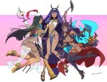  3girls ;q animal_ears asaya_minoru ass bandage bandaged_arm bandages bangle bangs bare_shoulders black_footwear black_legwear boots bracelet breasts bridal_gauntlets brown_footwear cleavage closed_mouth crescent dark_skin earrings egyptian egyptian_clothes eyebrows_visible_through_hair facial_mark fate/grand_order fate_(series) forehead_jewel green_eyes green_hair hair_between_eyes hairband hat head_chain head_tilt high_heel_boots high_heels holding holding_staff hoop_earrings jackal_ears jewelry lantern large_breasts long_hair looking_at_viewer looking_to_the_side low-tied_long_hair mini_hat multiple_girls navel nitocris_(fate/grand_order) oil_lamp one_eye_closed open_mouth pauldrons pink_background profile purple_eyes purple_hair queen_of_sheba_(fate/grand_order) revealing_clothes sandals scheherazade_(fate/grand_order) see-through shoe_soles shoes sidelocks smile staff thigh_boots thighhighs tilted_headwear tongue tongue_out twitter_username two-tone_background very_long_hair white_background white_headwear 