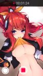  blue_eyes blush breasts butaros hair_ornament highres league_of_legends lifted_by_self looking_at_viewer luxanna_crownguard medium_breasts ponytail red_hair self_shot shirt_lift smile underboob 
