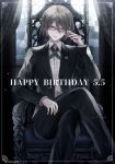  1boy @ artist_name black_jacket black_legwear blonde_hair blue_eyes commentary_request danganronpa danganronpa_1 dated eyebrows_visible_through_hair feet_out_of_frame formal frame glasses hair_between_eyes happy_birthday indoors jacket long_sleeves male_focus semi-rimless_eyewear shirt short_hair sitting solo suit togami_byakuya under-rim_eyewear white_shirt z-epto_(chat-noir86) 