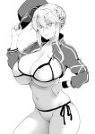  1girl ahoge artoria_pendragon_(all) artoria_pendragon_(lancer) baseball_cap bikini braid breasts cleavage collarbone commentary_request cosplay fate/grand_order fate_(series) french_braid frown hat highres holding holding_hat huge_breasts jacket looking_at_viewer medium_hair monochrome mysterious_heroine_xx_(foreigner) mysterious_heroine_xx_(foreigner)_(cosplay) navel shrug_(clothing) side-tie_bikini skindentation soba_(saz) solo sweatdrop swimsuit white_bikini 
