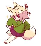  1girl animal_ear_fluff animal_ears bangs blonde_hair blush brown_collar brown_footwear commentary_request eyebrows_visible_through_hair fox_ears fox_girl fox_tail full_body green_shirt hair_between_eyes hair_bun hair_ornament hand_up kemomimi-chan_(naga_u) long_hair long_sleeves naga_u original parted_lips pleated_skirt purple_skirt red_eyes ribbon-trimmed_legwear ribbon_trim sailor_collar shirt sidelocks simple_background skirt sleeves_past_fingers sleeves_past_wrists solo sparkle tail thighhighs v-shaped_eyebrows white_background white_legwear white_sailor_collar 