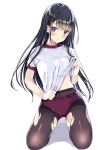  1girl :o black_hair breasts commentary_request covered_navel eyebrows_visible_through_hair full_body gym_shirt gym_uniform hair_ornament hairclip head_tilt highres kneeling kobayashi_chisato lifted_by_self long_hair looking_at_viewer original pantyhose pantyhose_under_buruma parted_lips purple_buruma purple_eyes shiny shiny_hair shirt shirt_lift short_sleeves simple_background small_breasts solo straight_hair thighband_pantyhose torn_clothes torn_legwear very_long_hair white_background 