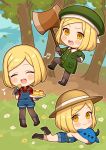  1girl :d axe babe_(fate) bangs bare_shoulders beamed_sixteenth_notes beret black_footwear blonde_hair blush_stickers boots brown_eyes brown_gloves brown_headwear brown_legwear chibi closed_mouth collared_jacket collared_shirt commentary_request eighth_note eyebrows_visible_through_hair fate/grand_order fate_(series) food fork gloves green_headwear green_jacket hat holding holding_axe holding_fork holding_plate jacket karokuchitose lying multiple_views musical_note naked_overalls on_stomach open_mouth overall_shorts overalls pancake pantyhose paul_bunyan_(fate/grand_order) plaid plaid_shirt plate red_shirt sharp_teeth shirt smile stack_of_pancakes standing standing_on_one_leg swept_bangs teeth tree v-shaped_eyebrows 