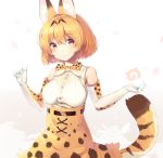  1girl absurdres animal_ear_fluff animal_ears animal_ears_(artist) bare_shoulders belt blonde_hair blush bow bowtie commentary_request cowboy_shot cross-laced_clothes elbow_gloves eyebrows_visible_through_hair gloves high-waist_skirt highres japari_symbol kemono_friends print_gloves print_neckwear print_skirt serval_(kemono_friends) serval_ears serval_print serval_tail short_hair skirt sleeveless smile solo tail yellow_eyes 