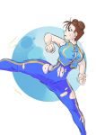  breasts cameltoe capcom chun-li earings female hair_bun highres leg_up street_fighter sweating thick_thighs thighs torn_clothes 