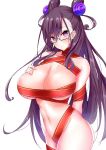  1girl arm_behind_back bangs bare_shoulders blush breasts cleavage closed_mouth collarbone double_bun fate/grand_order fate_(series) glasses hair_between_eyes hair_ornament highres large_breasts long_hair looking_at_viewer murasaki_shikibu_(fate) naked_ribbon navel purple_eyes purple_hair red_ribbon ribbon sankakusui shiny shiny_hair shiny_skin simple_background solo white_background 