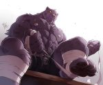  2019 4_toes 5_fingers abs anthro biceps big_muscles black_fur bottomwear chest_tuft claws clothed clothing felid foot_wraps fur hi_res male mammal melanistic muscular muscular_male nipples pantherine pawpads pecs pubes ray_(takemoto_arashi) scar shorts signature simple_background solo sweat takemoto_arashi toe_claws toes topless tuft white_background wraps yellow_sclera 