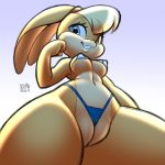  1:1 2019 anthro bikini blonde_hair blue_eyes breasts clothed clothing female hair lagomorph leporid lola_bunny looney_tunes low-angle_view mammal navel nipple_outline plump_labia pussy pussy_floss rabbit signature skimpy smile solo swimwear thick_thighs thong tied_ears warner_brothers xylas 