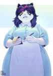  2018 4_fingers absurd_res annoyed anthro apron aruurara black_eyes black_hair blue_background breasts catti_(deltarune) chromatic_aberration clothed clothing deltarune digital_media_(artwork) dress ear_piercing eyelashes felid female frown fully_clothed fur hair hair_highlights hi_res holding_object holding_pen jewelry looking_at_viewer looking_down makeup mammal mascara multicolored_hair notebook overweight overweight_female paper pen piercing pink_highlights pink_nose portrait purple_hair signature simple_background solo teeth three-quarter_portrait two_tone_hair video_games waiter white_background white_fur yellow_sclera 