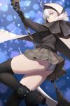  1girl ahoge ankle_boots aqua_eyes ass bangs black_capelet black_footwear black_gloves black_legwear black_sweater blue_background boots breasts capelet commentary_request dydydyok eyebrows_visible_through_hair fate_(series) from_side fur_trim gloves gray_(lord_el-melloi_ii) grey_skirt highres holding holding_weapon hood hood_up long_sleeves looking_at_viewer looking_to_the_side lord_el-melloi_ii_case_files medium_breasts miniskirt panties pantyshot pantyshot_(standing) plaid plaid_skirt pleated_skirt scythe short_hair silver_hair skirt solo spiked_footwear stand_(jojo) standing sweater thighhighs thighs underwear v-shaped_eyebrows weapon white_capelet white_panties 