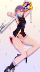  1girl black_hair blue_eyes boots food high_heel_boots high_heels ice_cream keyblade kingdom_hearts kingdom_hearts_iii organization_xiii short_hair skirt wink xion_(kingdom_hearts) 