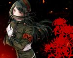  1boy bandage bandaged_hands bandages black_hair brown_headwear brown_jacket commentary_request danganronpa dark_background dated floral_print flower hair_over_mouth happy_birthday hat jacket jewelry long_hair looking_at_viewer male_focus miyuzu necklace new_danganronpa_v3 peaked_cap shinguuji_korekiyo solo spider_lily uniform upper_body yellow_eyes 