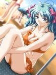  1girl beach beach_umbrella bikini blue_eyes blue_hair breasts cameltoe hair_ribbon large_breasts orange_bikini red_ribbon ribbon sitting swimsuit umbrella voss yasoumu 