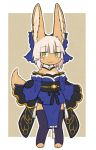  1other :3 ambiguous_gender animal_ear_fluff animal_ears blue_bow bow commentary_request cosplay detached_collar detached_sleeves eyebrows_visible_through_hair fate/extra fate_(series) frilled_sleeves frills full_body green_eyes hair_bow japanese_clothes kawasemi27 looking_at_viewer made_in_abyss nanachi_(made_in_abyss) outline pelvic_curtain short_hair simple_background smile solo tail tamamo_(fate)_(all) tamamo_no_mae_(fate) tamamo_no_mae_(fate)_(cosplay) thighhighs whiskers white_hair white_outline wide_sleeves 